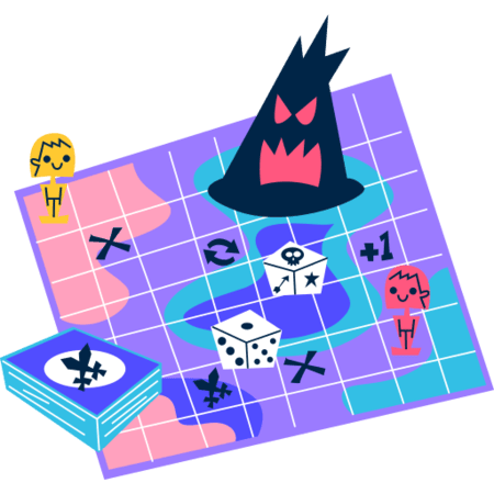 Une carte quadrillée avec des dés, des cartes, un volcan et 2 têtes de mort dessus