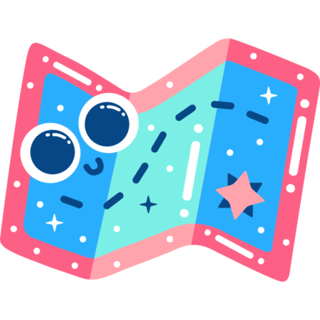 Une carte pliée en 3 parties avec des étoiles, un chemin. La carte possède des yeux kawaii.